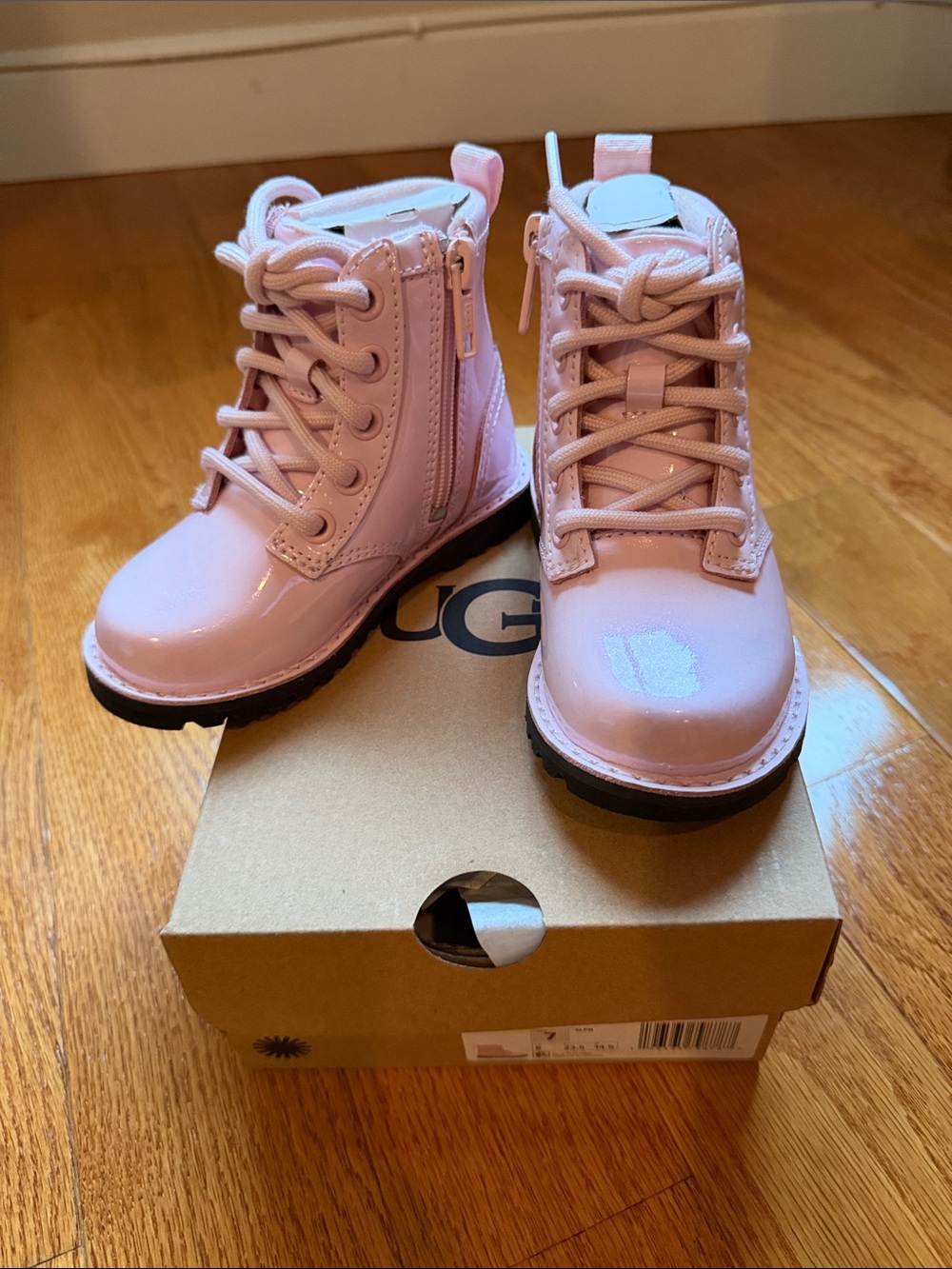 UGG Kids Glossy Light Pink Lace-Up Booties